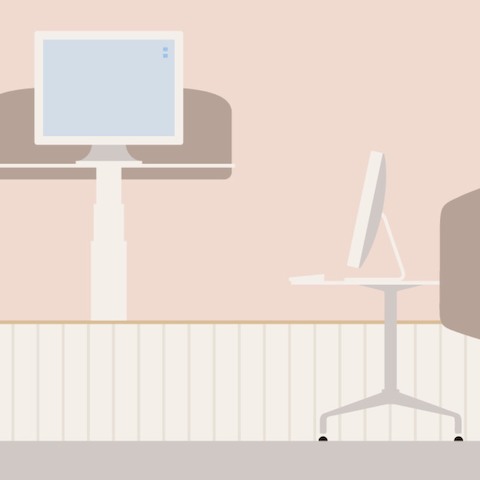 An illustration of a Locale workspace with an adjustable desk positioned at standing height.