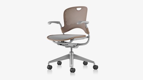 A light brown Caper Multipurpose Chair with a gray seat, viewed from an angle and showing contoured seat and back.
