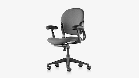 An Equa 2 ergonomic office chair with black frame and base and charcoal upholstery, viewed from an angle.