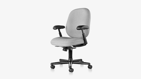 An Ergon 3 ergonomic desk chair with black frame and base and light gray upholstery, viewed from an angle.