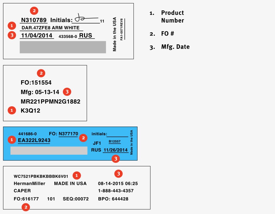 A sample Herman Miller product label, showing the locations of the Model Number, Manufacturing Date, and FO Number.