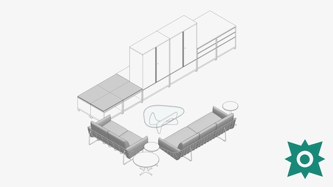 An overhead view of a lounge area with wireframe couches, a Noguchi coffee table and a storage unit with integrated seating and a Revit Add-In symbol in the bottom right corner.