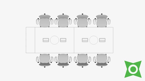 An overhead view of a conference table with Mirra 2 Chairs and a CAD Pack for AutoCAD Add-In symbol in the bottom right corner.