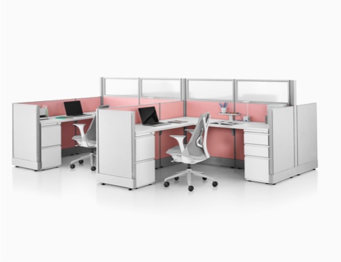 Gray Sayl Chairs at Action Office workstations with pink fabric panels and glass dividing walls.
