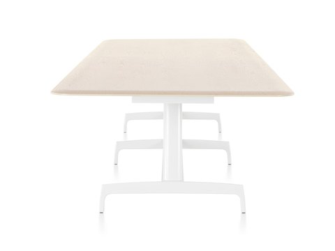 A rectangular AGL table with a light veneer top and white aluminum base, viewed from the narrow end.