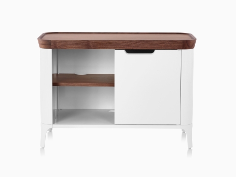 White with dark trim Airia Desk and Media Cabinet from Herman Miller, modern media cabinet, full view.