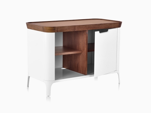 White Airia Desk and Media Cabinet from Herman Miller, with dark trim, modern media cabinet, open with shelves.