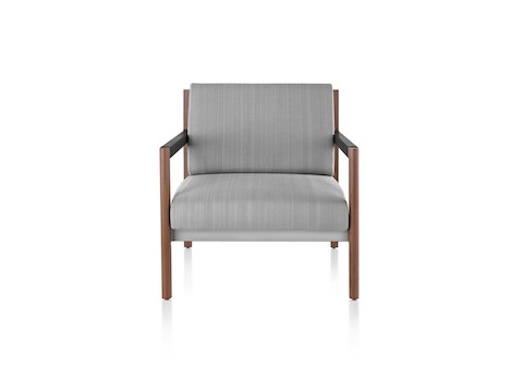 A gray Brabo lounge chair with wood legs and black arms, viewed from the front.