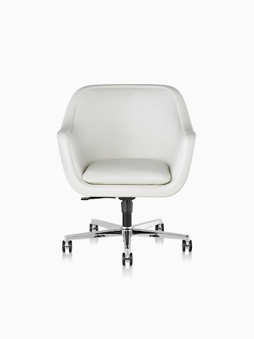 White leather Bumper Chair with a five-star base and casters, viewed from the front.
