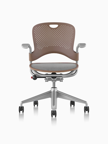 Light brown Caper Multipurpose Chair with a gray seat and casters, viewed from the front.