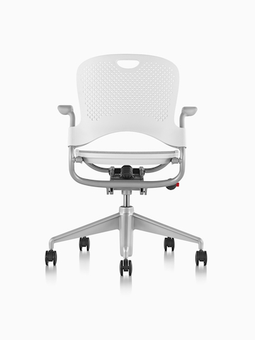 White Caper Multipurpose Chair with a gray seat and casters, viewed from the front.