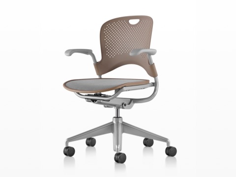 Light brown Caper Multipurpose Chair with a gray seat, viewed from a 45-degree angle and showing contoured seat and back.
