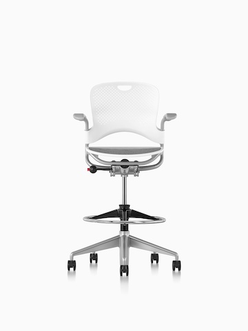 White Caper Multipurpose Stool with a suspension seat, viewed from the front. 