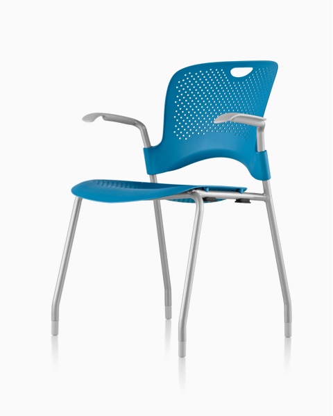 Blue Caper Stacking Chair, viewed from a 45-degree angle.