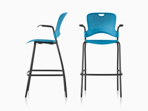 Profile and front views of two blue Caper Stacking Stools.
