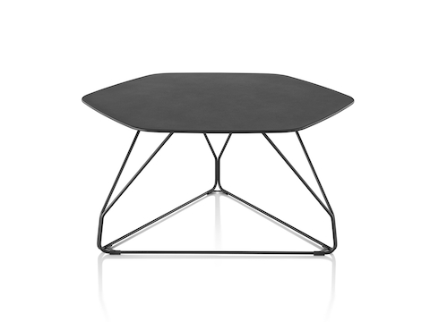 A black Polygon Table with a hexagonal top and a black wire geometric base. Select to go to our occasional tables pages.