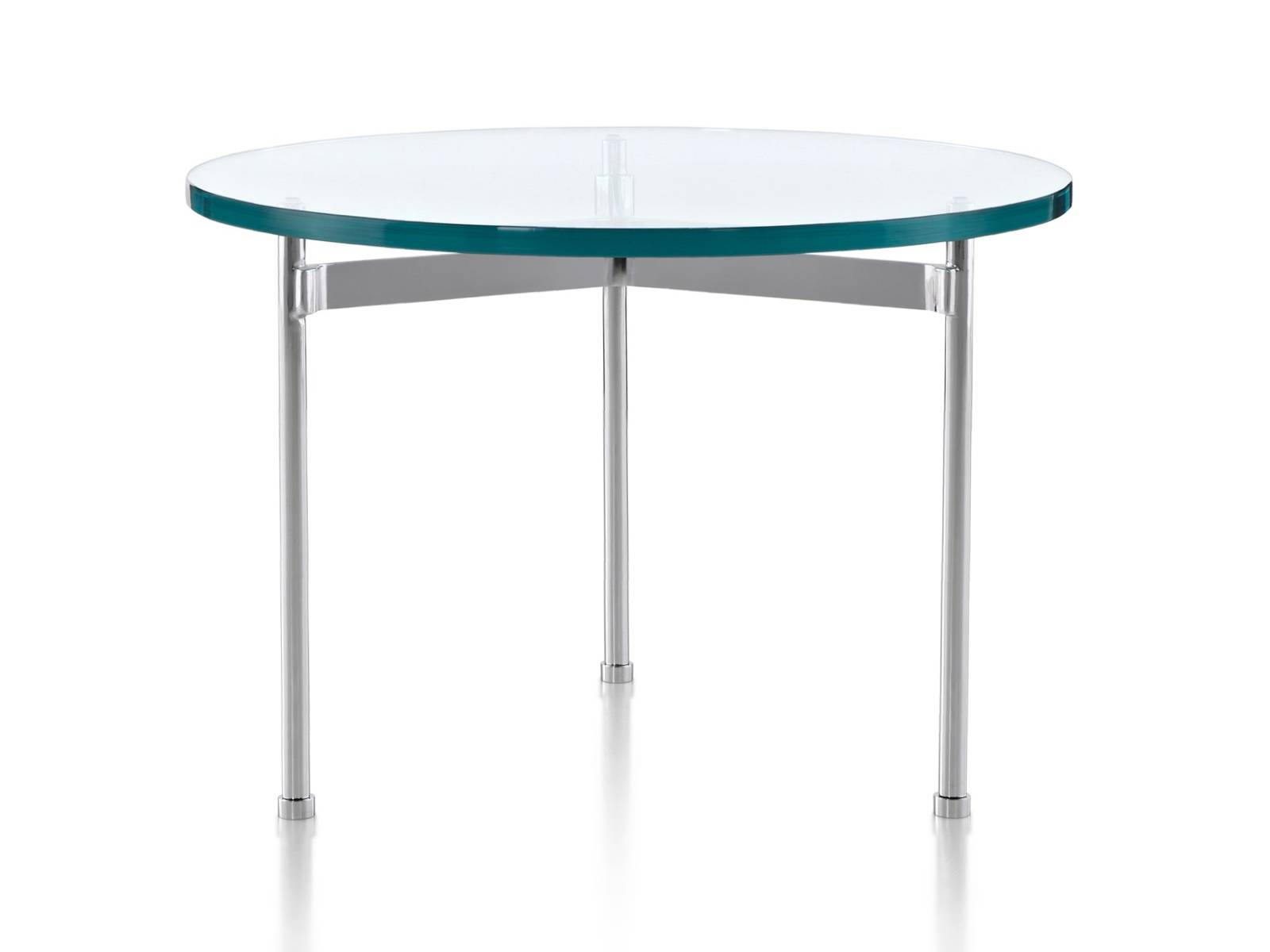 A glass-top Claw Table with a round surface and three metal legs. 