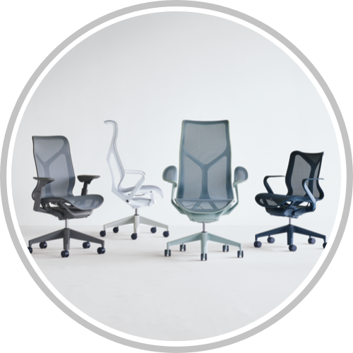 A grouping of Graphite gray, Mineral gray with white frame, Nightfall navy blue, and Glacier light blue Cosm Chairs. Select to connect with us to learn how Cosm can meet the needs of your organization.