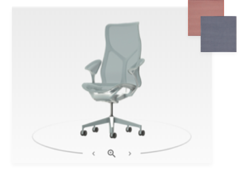 A front three-quarter view of a Cosm high-back chair in Glacier light blue from the product configurator, along with red and navy color swatches.  Select to visit the Cosm configurator tool.