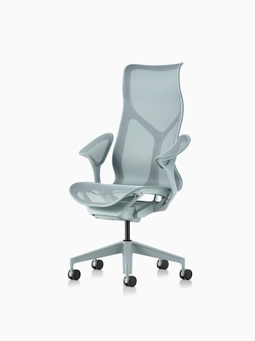 A high-back Cosm Chair with leaf arms in Glacier light blue. Select to go to the Cosm Chairs product page.
