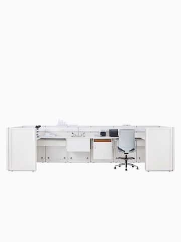 Co/Struc System laboratory bench in soft white with under surface storage, sink, and Verus Stool in light gray.