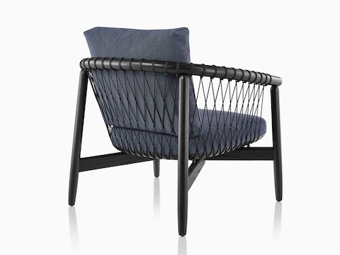 Blue Crosshatch Chair with black frame, viewed from behind at an angle.