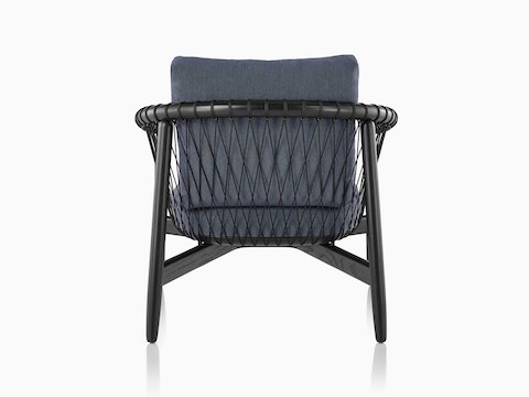 Blue Crosshatch Chair with black frame, viewed from behind.