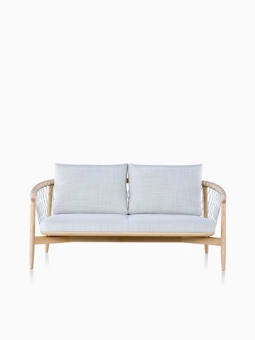 A light-coloured Crosshatch Settee featuring grey upholstery and a white ash frame.