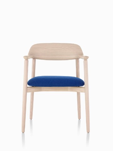 Crosshatch Side Chair with a light finish and blue seat cushion, viewed from the front.