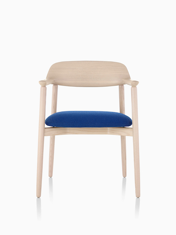 Crosshatch Side Chair with wood frame and blue seat.
