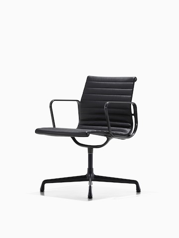 Black Eames Aluminum Group mid-back management chair, viewed from a 45-degree angle.