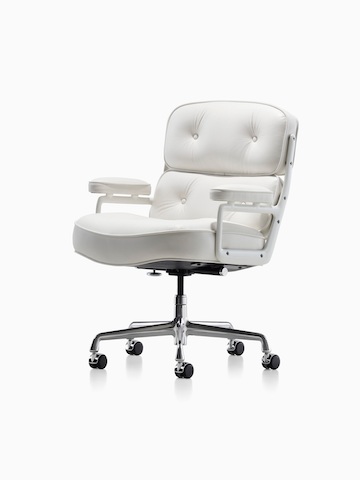 White leather Eames Executive Chair, viewed from a 45-degree angle. 