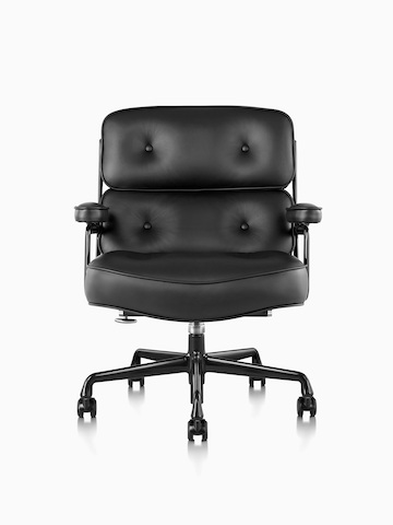 Black leather Eames Executive Chair, viewed from the front.
