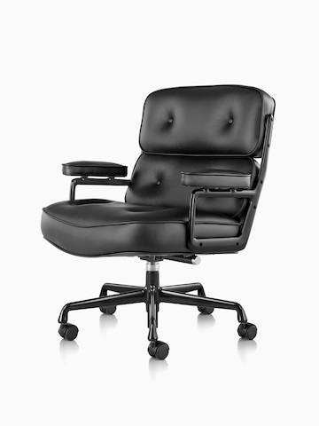 Black leather Eames Executive Chair, viewed from a 45-degree angle.