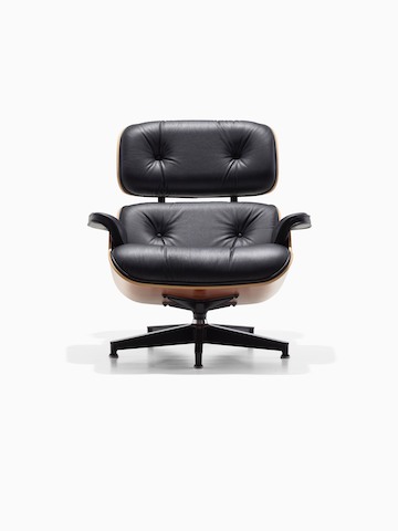 Black leather Eames Lounge Chair, viewed from the front. 