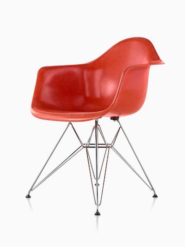 Eames Molded Fiberglass Armchair in Red Orange with Trivalent Wire Base.