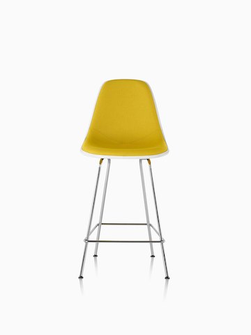 Eames Molded Fiberglass Stool with yellow upholstery, viewed from the front. 