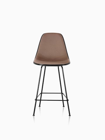 Black Eames Molded Fiberglass Stool with brown upholstery, viewed from the front. 
