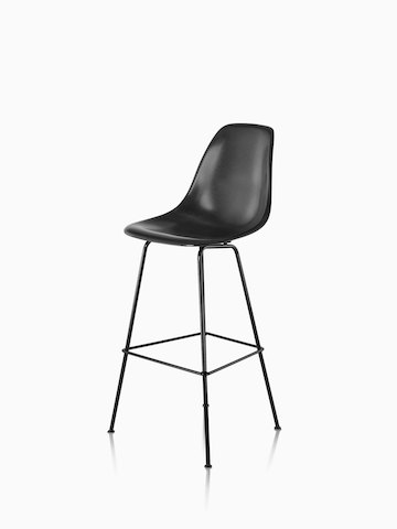 Black Eames Molded Fiberglass Stool, viewed from a 45-degree angle. 