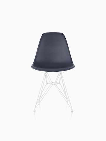 Dark gray Eames Molded Plastic side chair with a wire base, viewed from the front.