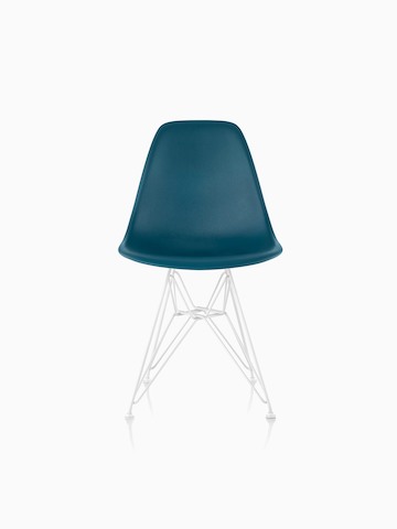 Teal Eames Molded Plastic side chair with a wire base, viewed from the front.