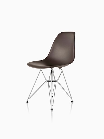 Brown Eames Molded Plastic side chair with a wire base, viewed from a 45-degree angle.