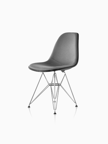 Gray upholstered Eames Molded Plastic side chair with a wire base, viewed from a 45-degree angle.