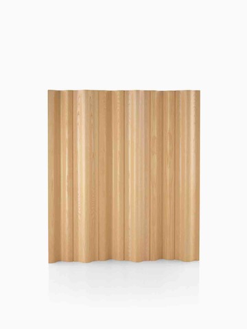 A plywood folding screen in a light wood finish.
