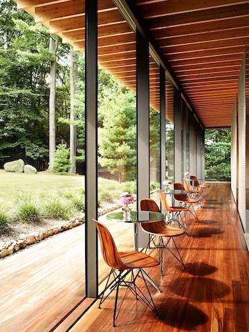 Una serie de sillones laterales de madera moldeada Eames con bases de alambre rodean mesas de bar con vistas al exterior.