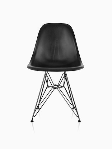 Black Eames Molded Wood side chair with a wire base, viewed from the front.