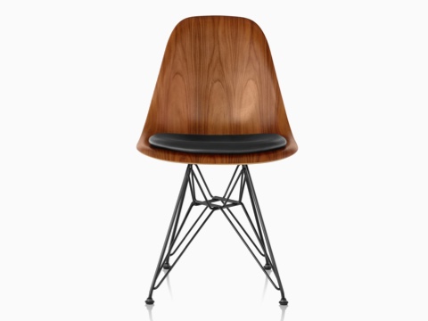 Eames Molded Wood side chair with a black seat pad and wire base, viewed from the front.