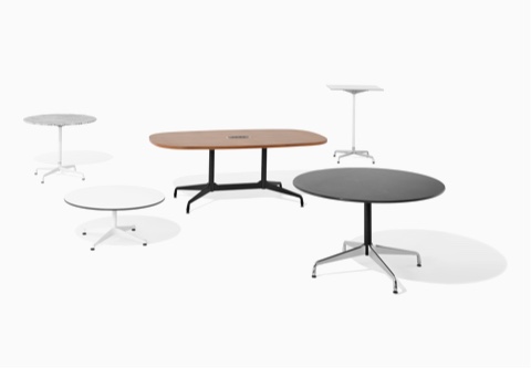 Five Eames Tables of various heights, top shapes, finishes, and base styles.