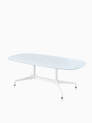 An oval Eames conference table. Select to go to the Eames Tables product page.