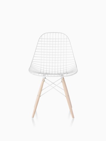 White Eames Wire Chair with light wood dowel base.